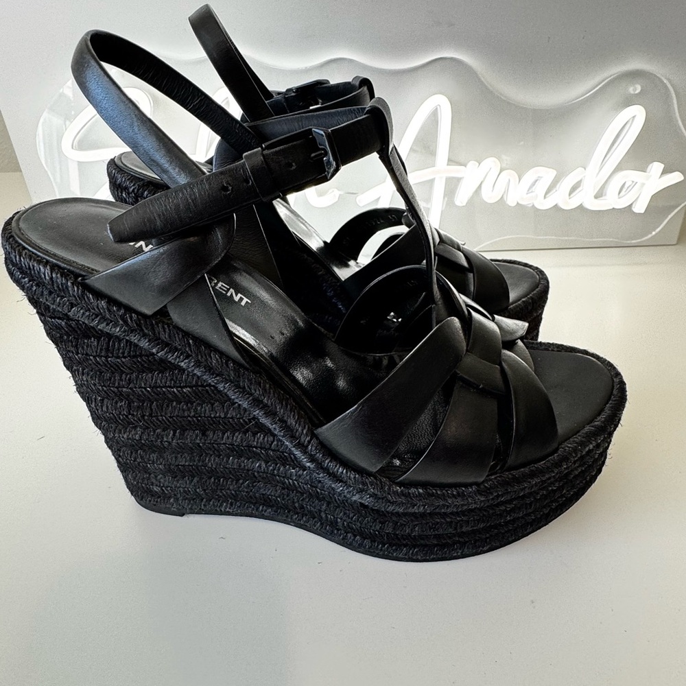 Saint Laurent Tribute Wedge Espadrilles Black Leather Platform Designer Sandals - Picture 10 of 10